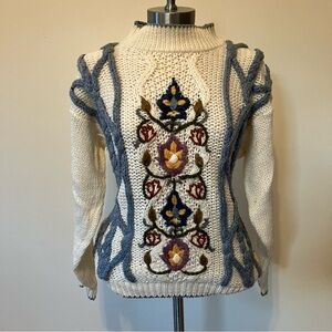 VTG Women's Sz. M Chunky Mock Neck Sweater 90s Cable Embroidered Cottagecore